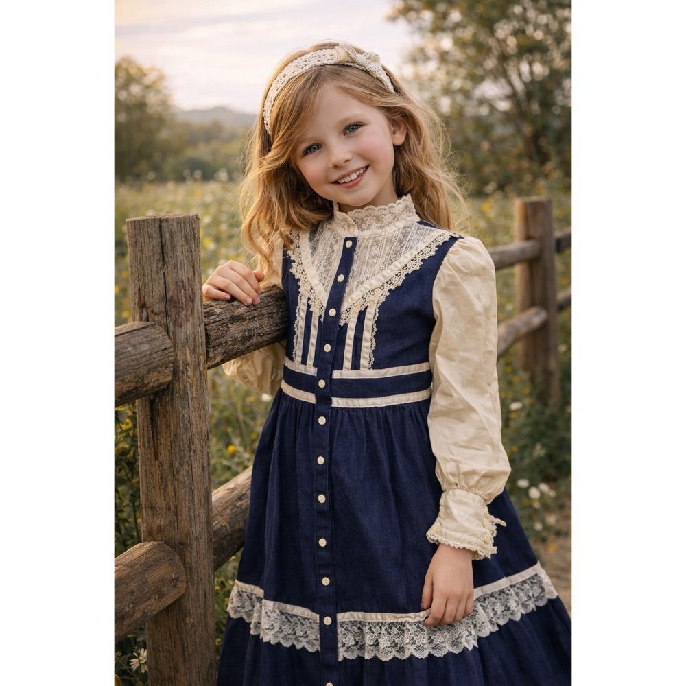Vtg Gunne Sax Dress Girls 7 Prairie Denim Lace Edwardian Prairie Cottagecore USA